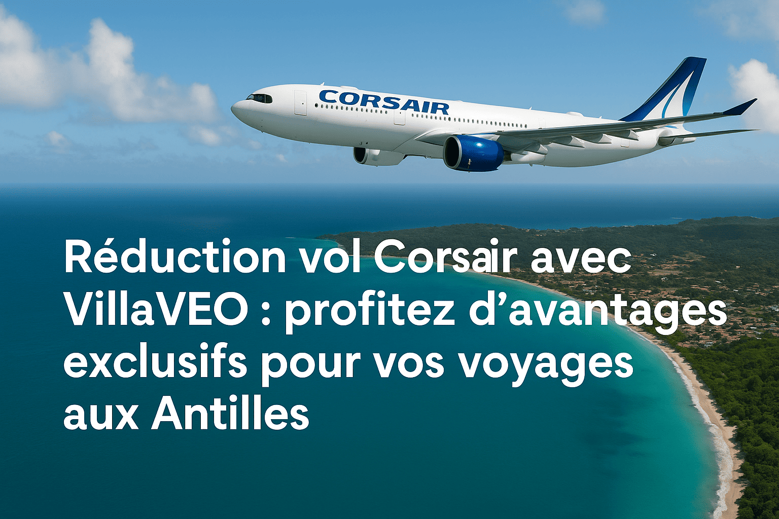 Vue aérienne des Antilles avec un avion Corsair en vol – Profitez d'une réduction exclusive avec VillaVEO pour votre voyage en Guadeloupe ou Martinique.